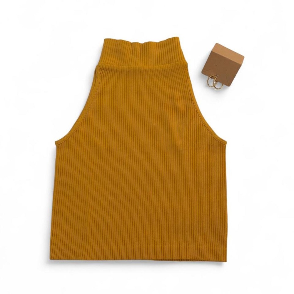 Dynamic Ribbed Mustard Yellow Crop Top & Gold Hoop Earrings Set Style 545 OS